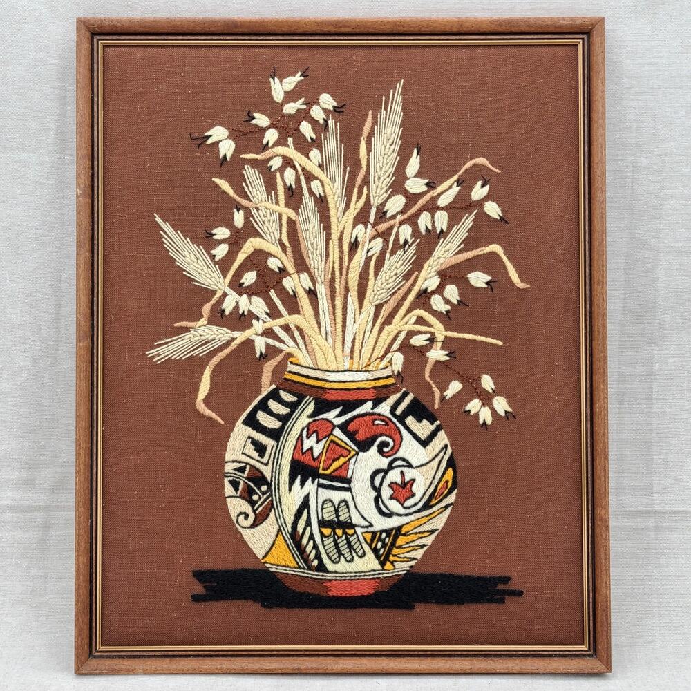 Large Mid Century MCM Crewel Needle Point Native American Framed Art Vase Wheat